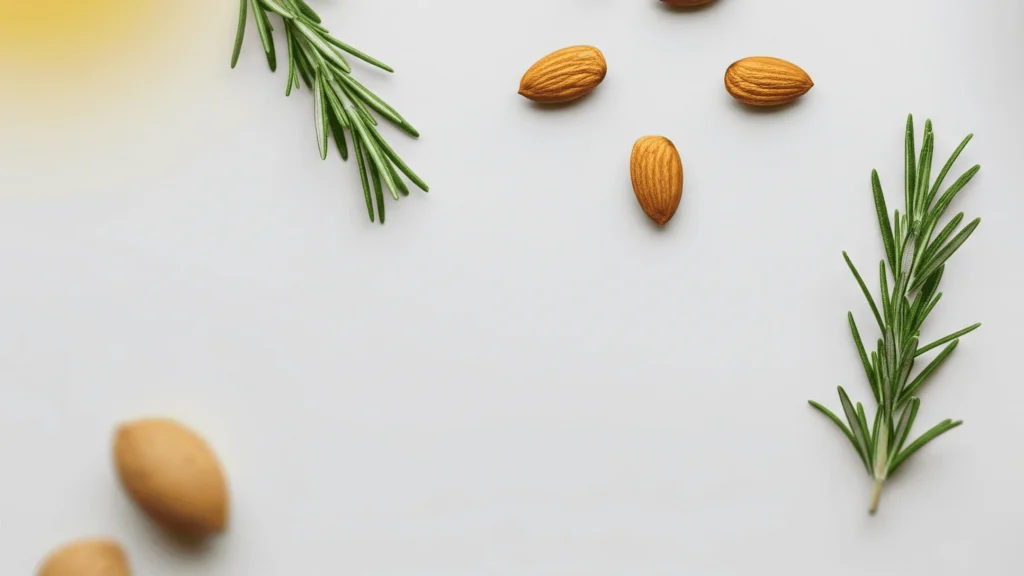 Fondo minimalista y suave con almendras, ramas de romero y una pera, que simboliza una nutrición natural y un bienestar integral.