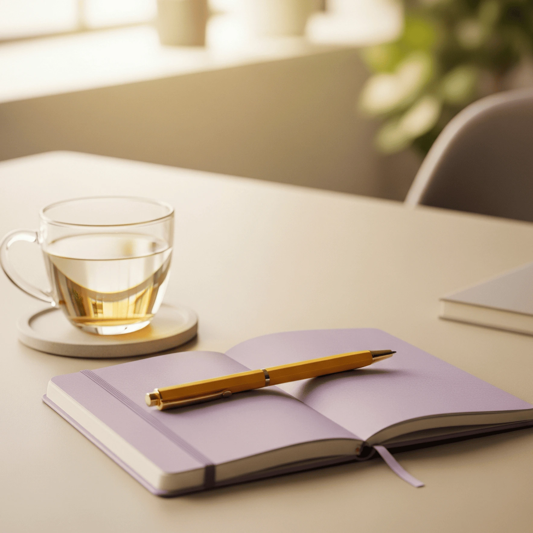 Foto de una libreta lila y un té verde sobre un escritorio.