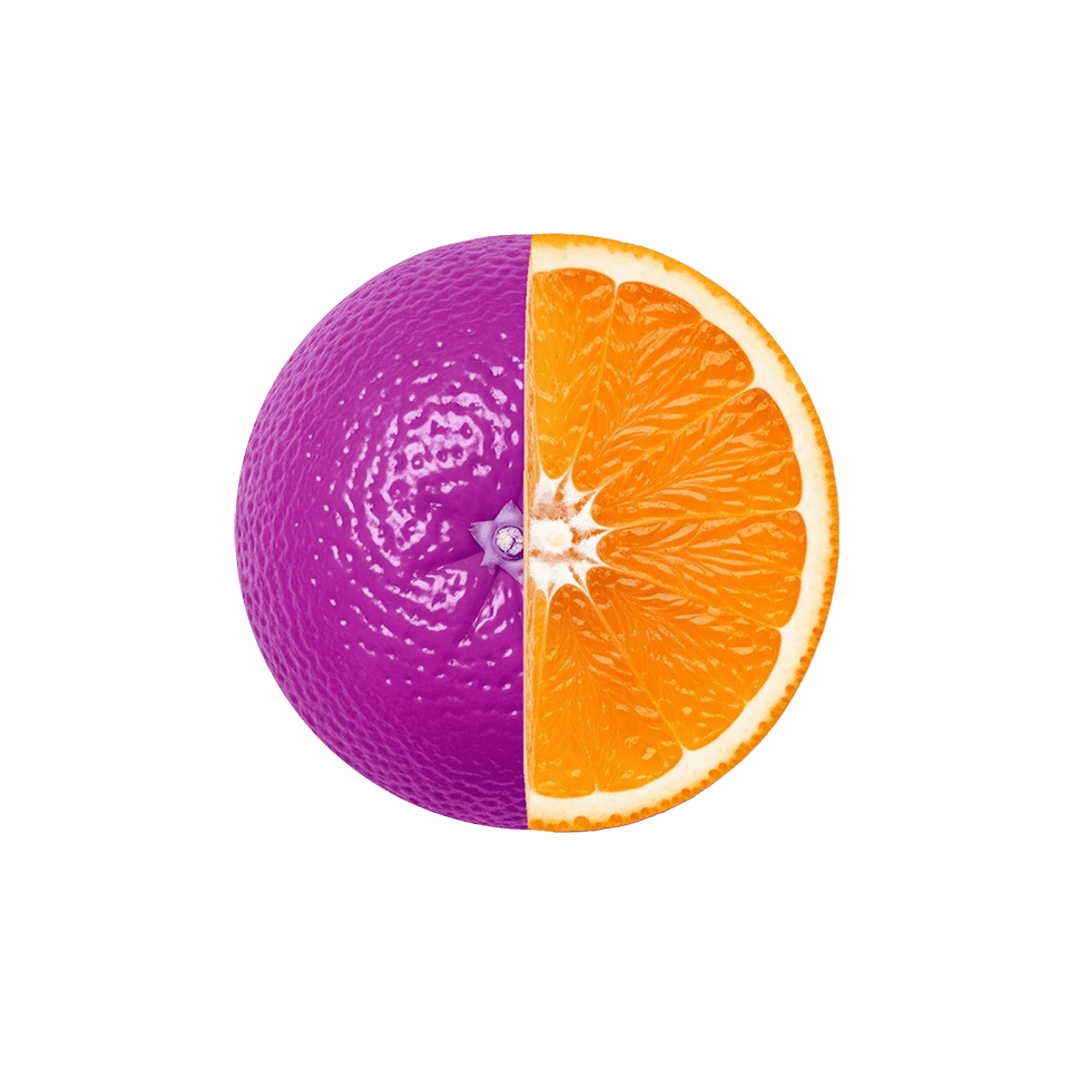 Un diseño gráfico moderno de una naranja con un lado de color violeta y el otro mostrando los gajos de color naranja, sobre un fondo blanco. La imagen representa creatividad e innovación en el campo de la nutrición