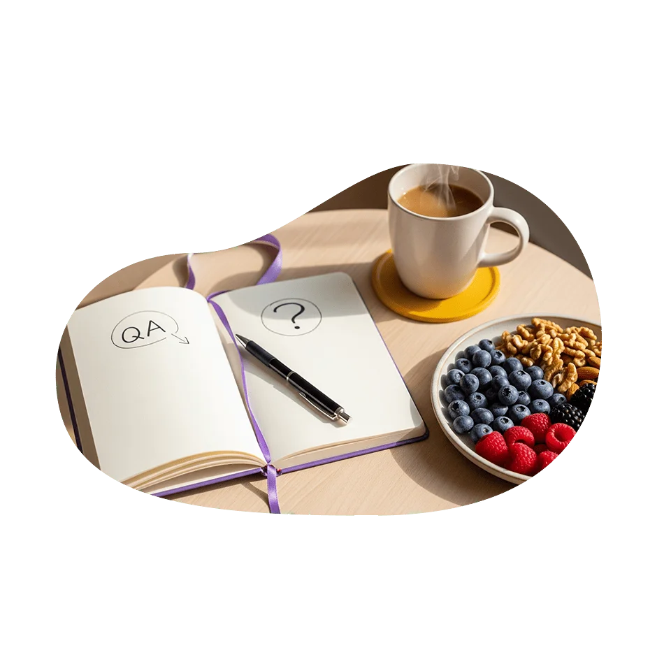 Una mesa de madera clara con una taza, un cuaderno y un bol de frutas y cereales.