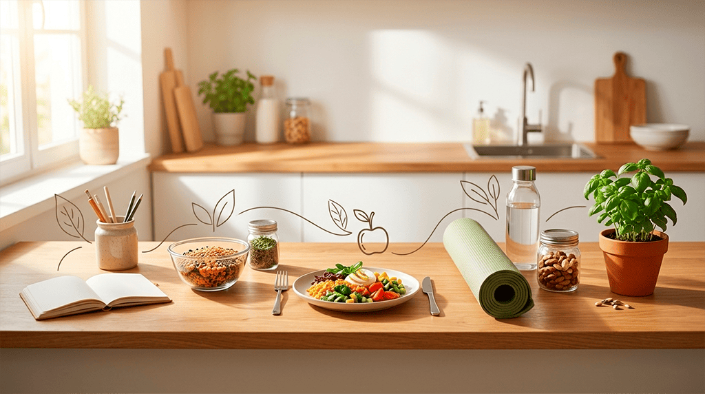 Imagen del Método Balance de la nutricionista de Cádiz Alicia García: composición horizontal en una cocina luminosa que representa las 5 etapas del proceso nutricional, desde la entrevista inicial hasta la consolidación de hábitos saludables.