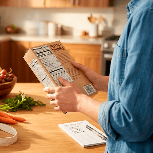 Servicio de reeducación alimentaria con nutricionista en Cádiz: aprendizaje de lectura de etiquetas nutricionales y organización de compra saludable en una cocina con productos frescos.